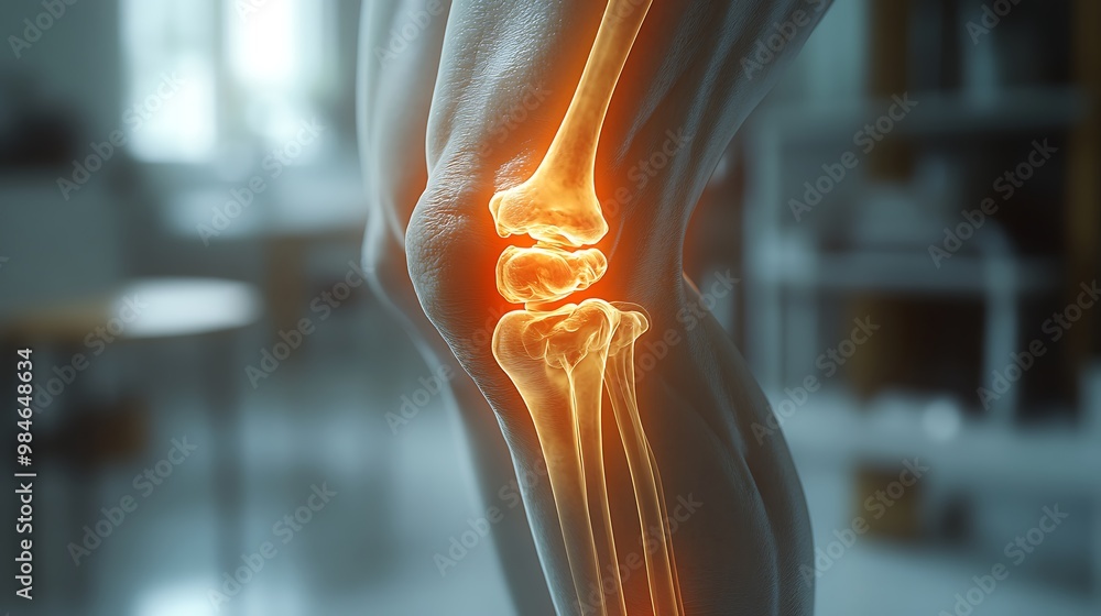 © Helois - Close-up of a human knee joint with glowing bones, highlighting the anatomy and potential pain or injury.