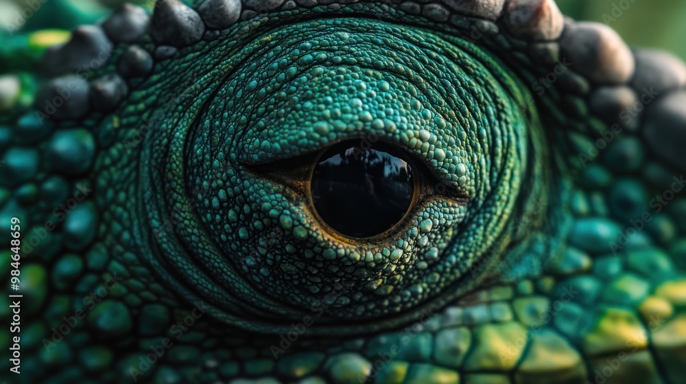 Obraz premium Close-up of a vibrant reptilian eye showcasing intricate textures and colors.