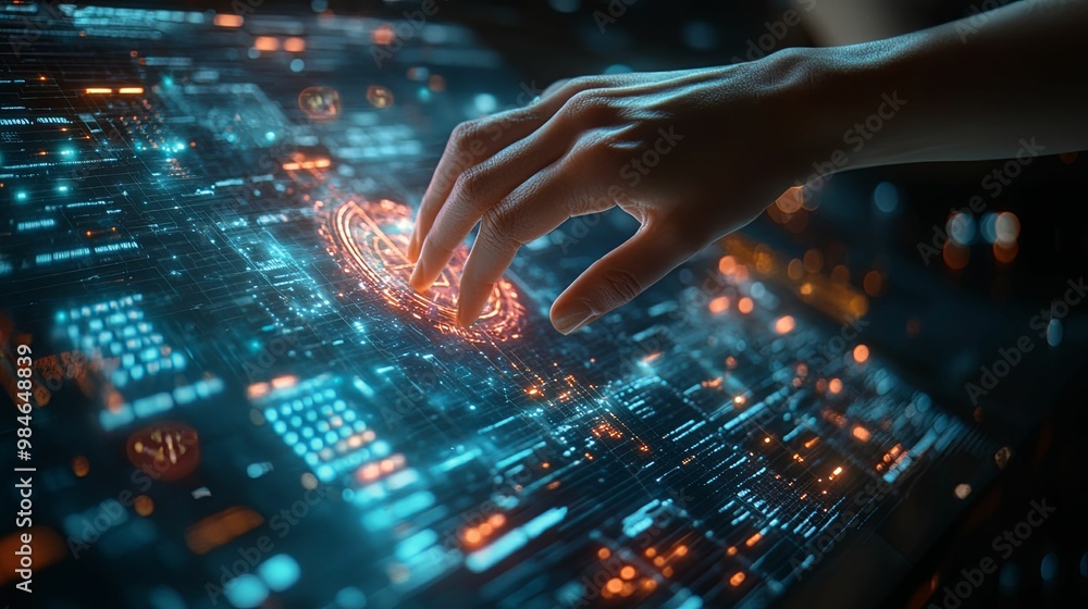 Hand Interacting with a Futuristic Interface Hand Interacting with a Futuristic Interface