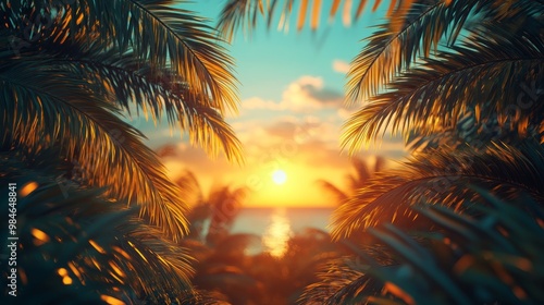 Tropical-themed wallpaper adorned with vibrant palm leaves and exotic birds, set against a warm, softly lit coastal home background, offering ample copy space for personalization and creativity. Perfe