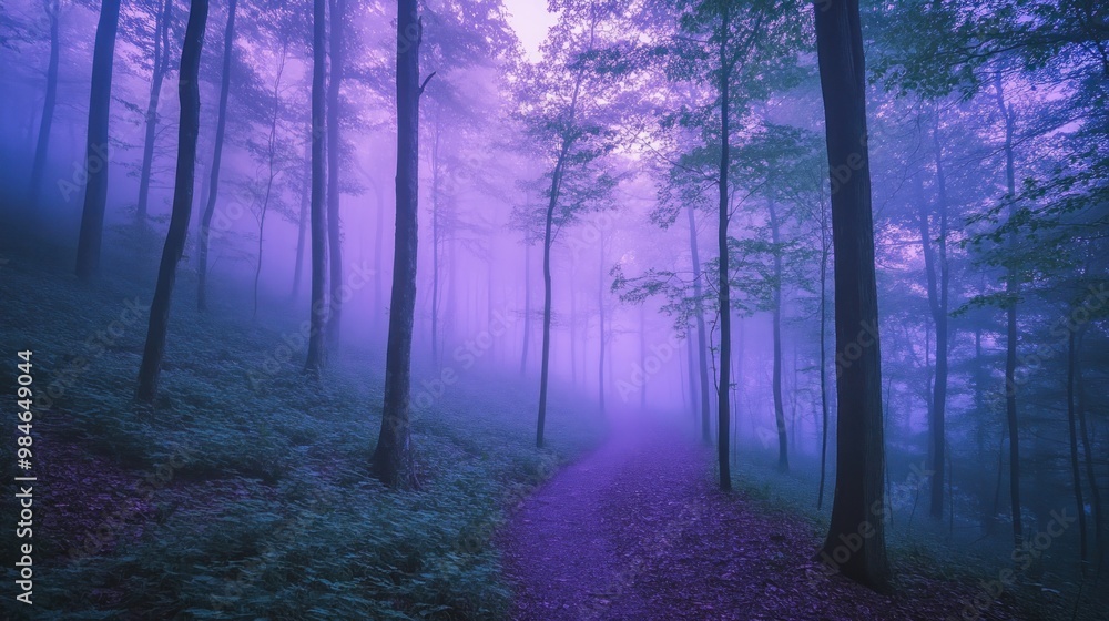Fototapeta premium A misty forest path enveloped in purple hues, creating a serene and mystical atmosphere.