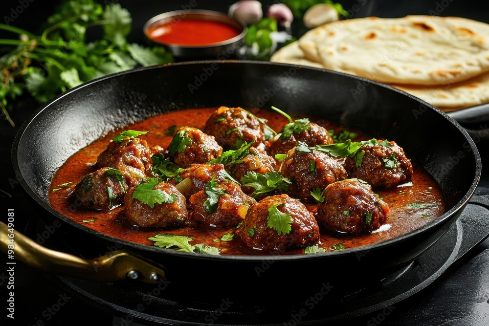 Indian lamb butter curry with naan bread and herbs in iron wok, dark background, food photography Indian lamb butter curry with naan bread and herbs in iron wok, dark background, food photography