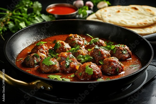 Indian lamb butter curry with naan bread and herbs in iron wok, dark background, food photography