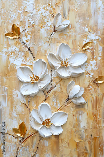 White flowers on a beige and gold background, oil painting on canvas with a palette knife