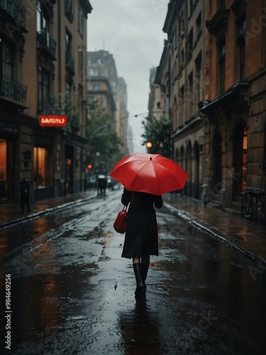 Woman with a red umbrella in a rainy city.