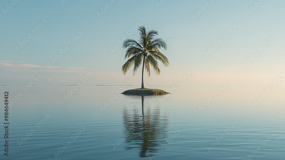 Fototapeta premium A serene landscape featuring a solitary palm tree on a small island surrounded by calm water.