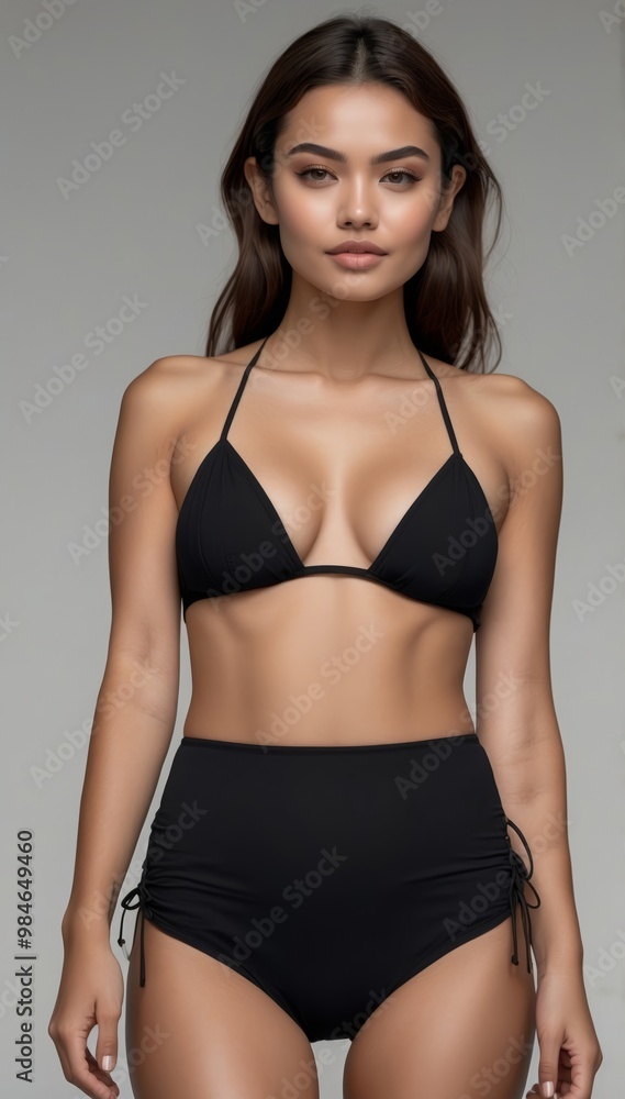 Woman in black high-waisted bikini, neutral background Woman in black high-waisted bikini, neutral background