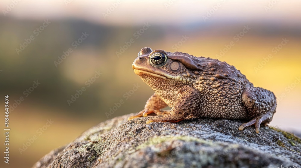 Obraz premium A close-up of a textured frog perched on a rock against a blurred natural background.
