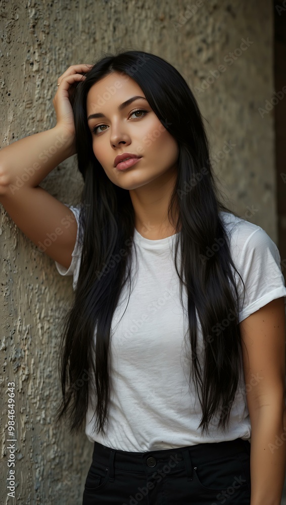Woman with long black hair leaning on a wall. Woman with long black hair leaning on a wall.