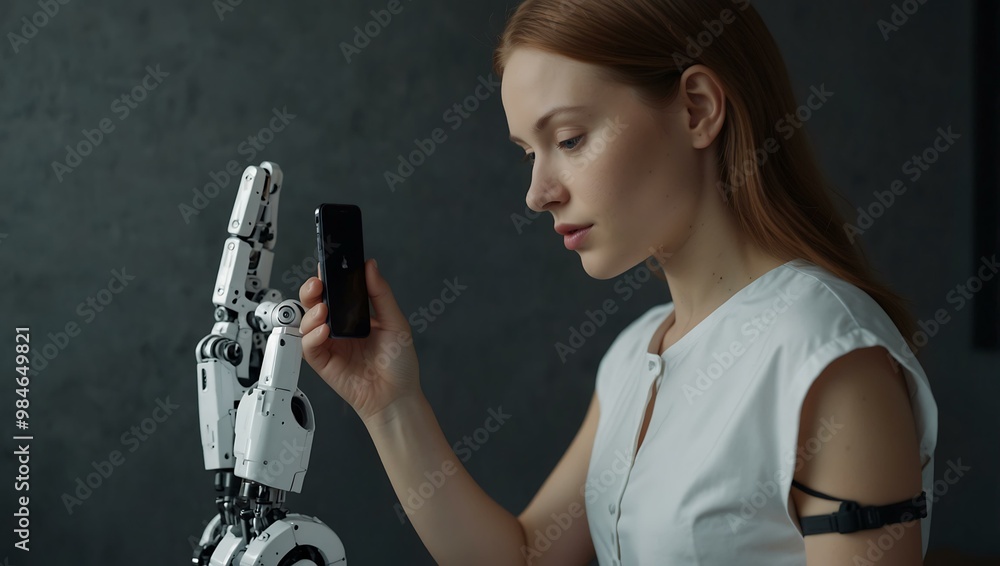 Woman with Robotic Hand Looking at Phone Woman with Robotic Hand Looking at Phone