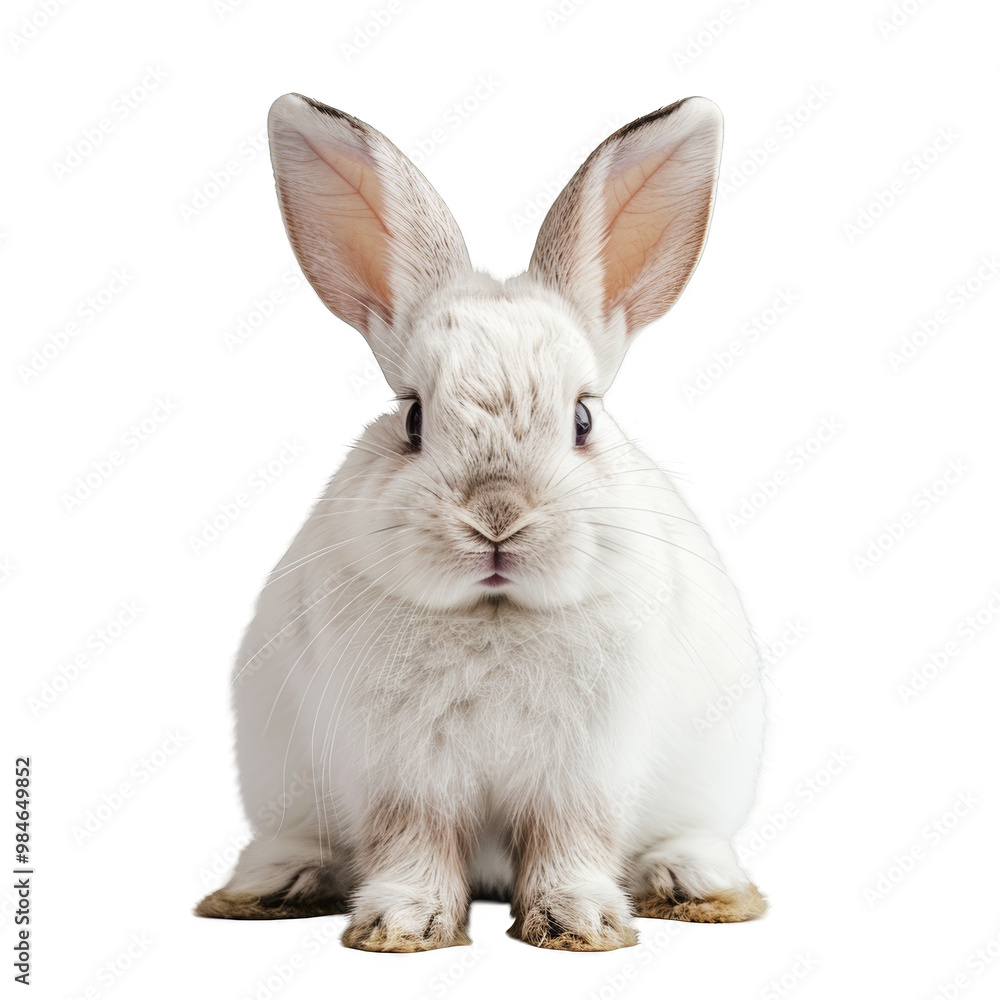 Fototapeta premium A close-up portrait of a white rabbit sitting against a white background.