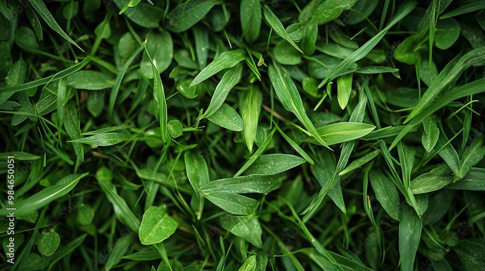 Lush Green Grass Blades and Leaves Close-Up Lush Green Grass Blades and Leaves Close-Up