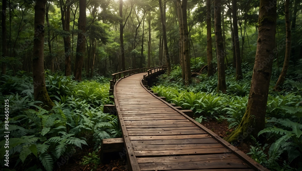 Wooden path in a lush forest. Wooden path in a lush forest.