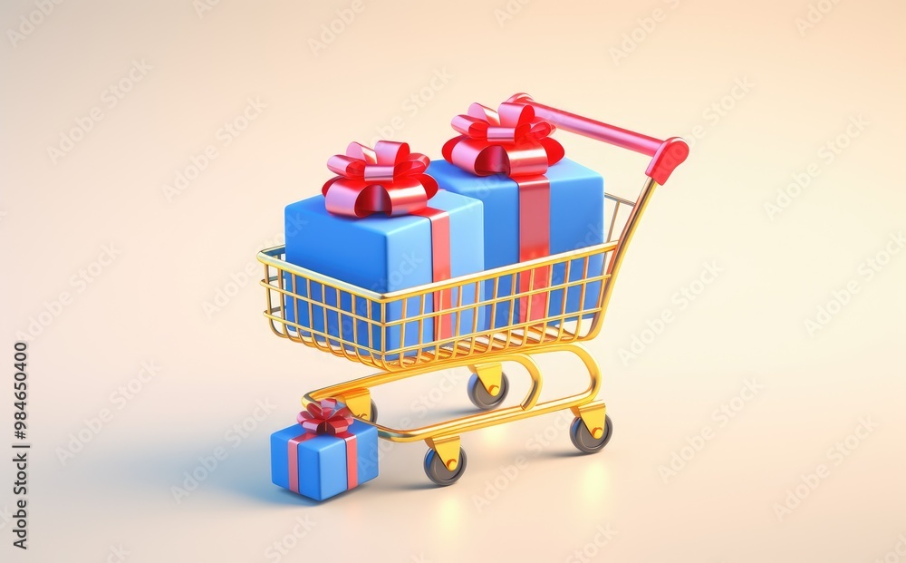 A golden shopping cart with two blue gift boxes with red ribbons inside and one blue gift box on the floor in front of it. A golden shopping cart with two blue gift boxes with red ribbons inside and one blue gift box on the floor in front of it.