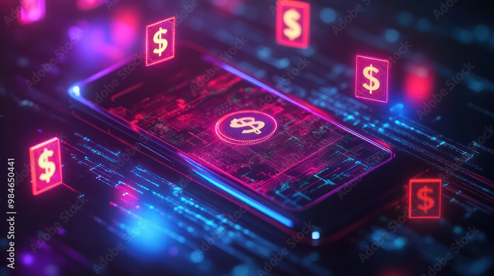 A digital money transfer concept, showcasing a smartphone with glowing digital cash symbols, representing modern finance and technology. A digital money transfer concept, showcasing a smartphone with glowing digital cash symbols, representing modern finance and technology.