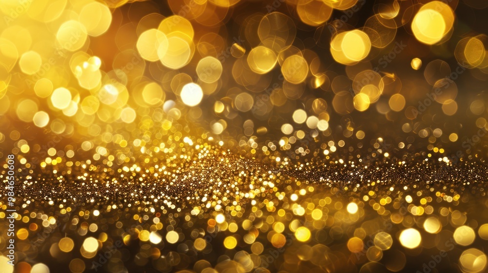 Golden, sparkling, festive abstract bokeh background with glowing circles and shimmering lights, celebration, festive season, holiday concept