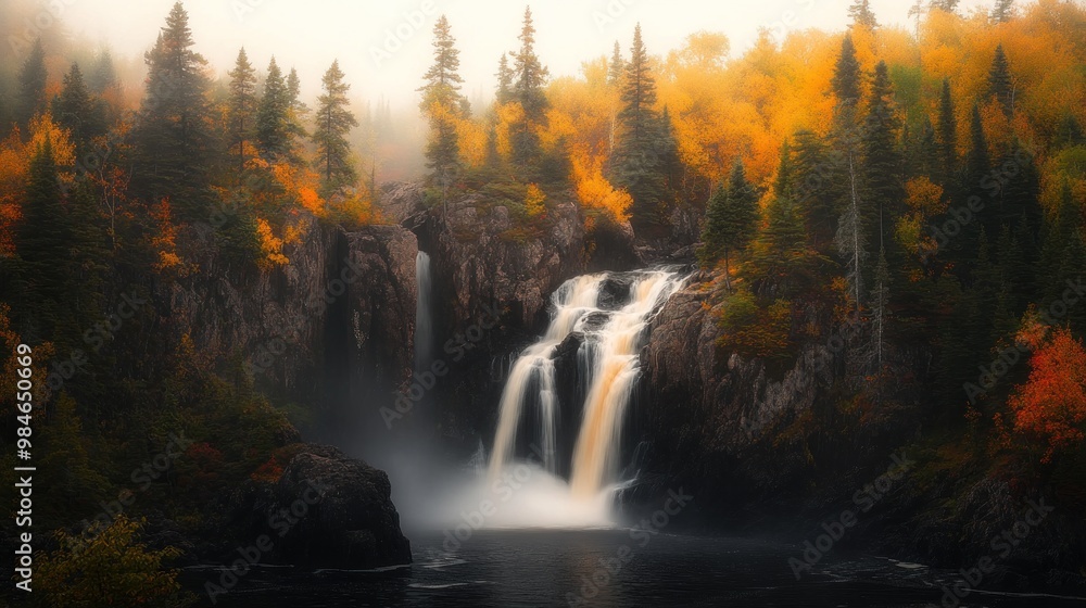 A serene waterfall surrounded by vibrant autumn foliage and misty atmosphere. A serene waterfall surrounded by vibrant autumn foliage and misty atmosphere.