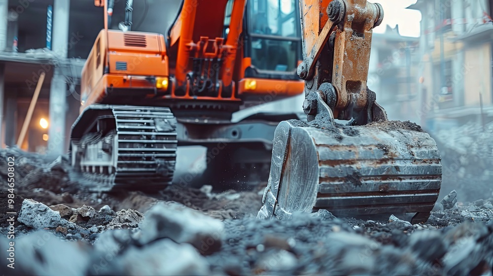Excavator Bucket Digging Through Rubble at a Construction Site
