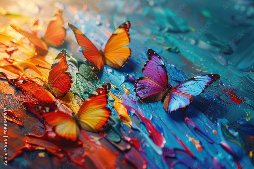 A painting of three butterflies on a blue background A painting of three butterflies on a blue background