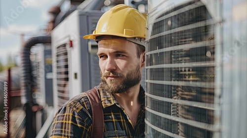 Construction Worker in Yellow Hard Hat Standing Near Large AC Unit