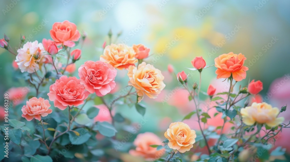 A vibrant display of blooming roses in various colors, creating a serene garden atmosphere. A vibrant display of blooming roses in various colors, creating a serene garden atmosphere.