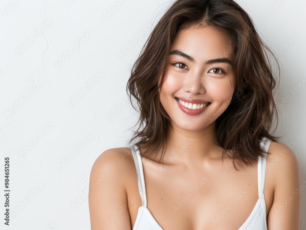 A smiling woman with wavy hair, brightening the room with her warm smile and radiant personality against a light background.