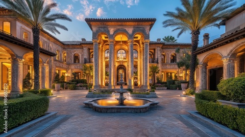 A luxurious mansion with grand architecture and a serene courtyard at dusk.