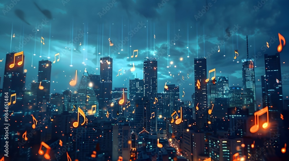Fototapeta premium Futuristic Cityscape with Glowing Music Notes Integrated into the Skyline Symbolizing a City of Music
