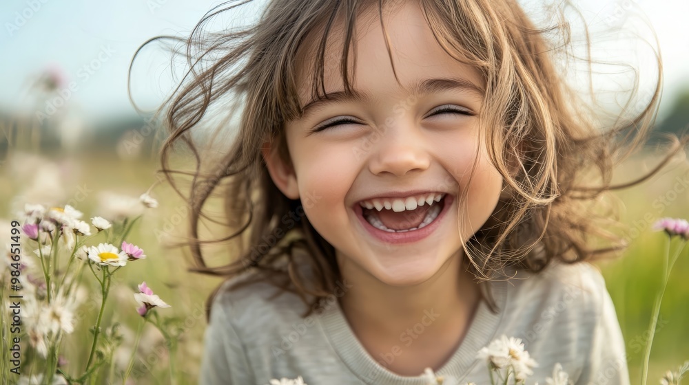 A joyful girl with flowing hair smiles brightly in a field filled with colorful flowers under a clear blue sky. A joyful girl with flowing hair smiles brightly in a field filled with colorful flowers under a clear blue sky.