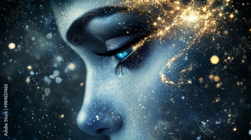 A mesmerizing close-up of a mystical face adorned with cosmic elements, radiating a sense of wonder and tranquility in a starry backdrop.