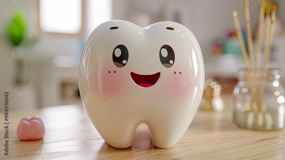 A Smiling Cartoon Tooth on a Wooden Tabletop A Smiling Cartoon Tooth on a Wooden Tabletop
