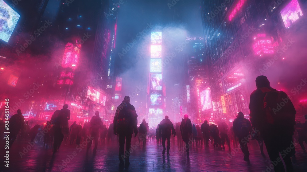 A futuristic crowd of people, holographic figures walking through a neon-lit city in a cyberpunk setting A futuristic crowd of people, holographic figures walking through a neon-lit city in a cyberpunk setting