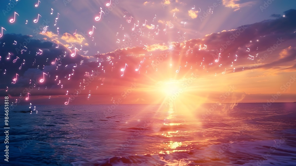 Serene Sunrise with Musical Notes Filling the Sky and Ocean Horizon Serene Sunrise with Musical Notes Filling the Sky and Ocean Horizon