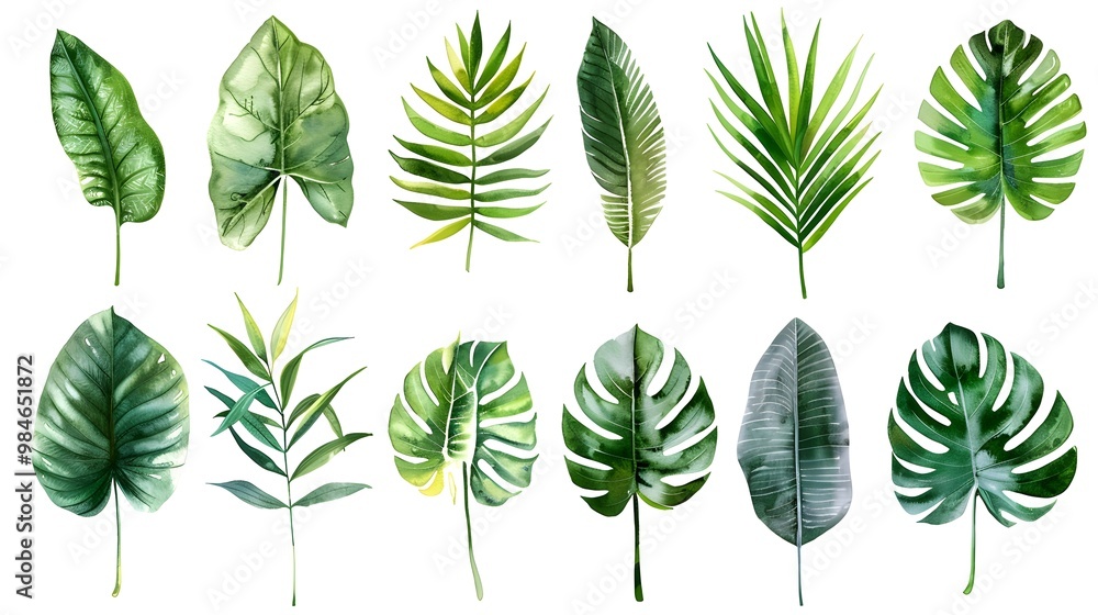 Exquisite Tropical Palm Leaf Watercolor Set on White Background Exquisite Tropical Palm Leaf Watercolor Set on White Background
