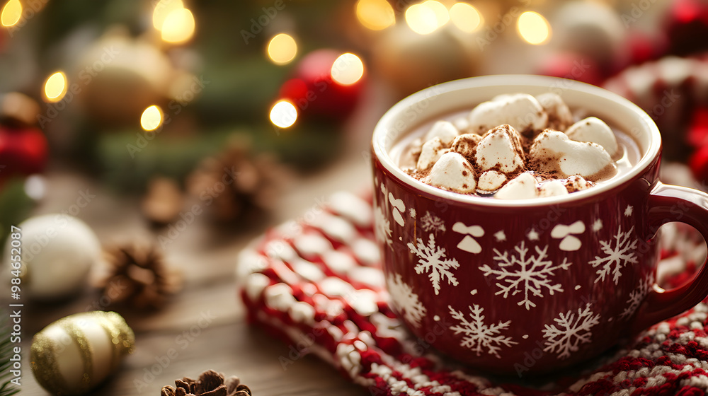Hot cocoa in a festive mug on a holiday table.
Hot cocoa in a festive mug on a holiday table.