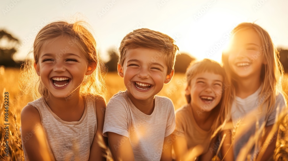 Four children laughing together in a golden wheat field during sunset, capturing joy and friendship in nature. Four children laughing together in a golden wheat field during sunset, capturing joy and friendship in nature.