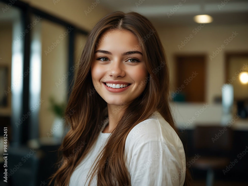 Young woman with long brown hair smiling in a salon. Young woman with long brown hair smiling in a salon.