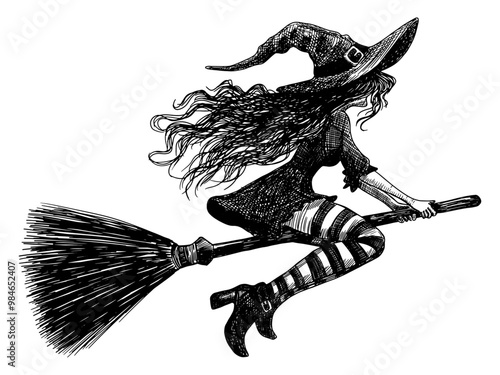 witch riding broomstick isolated halloween hand drawn sketch card design element line art detailed vector illustration