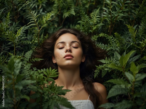 Young woman with closed eyes surrounded by lush greenery.