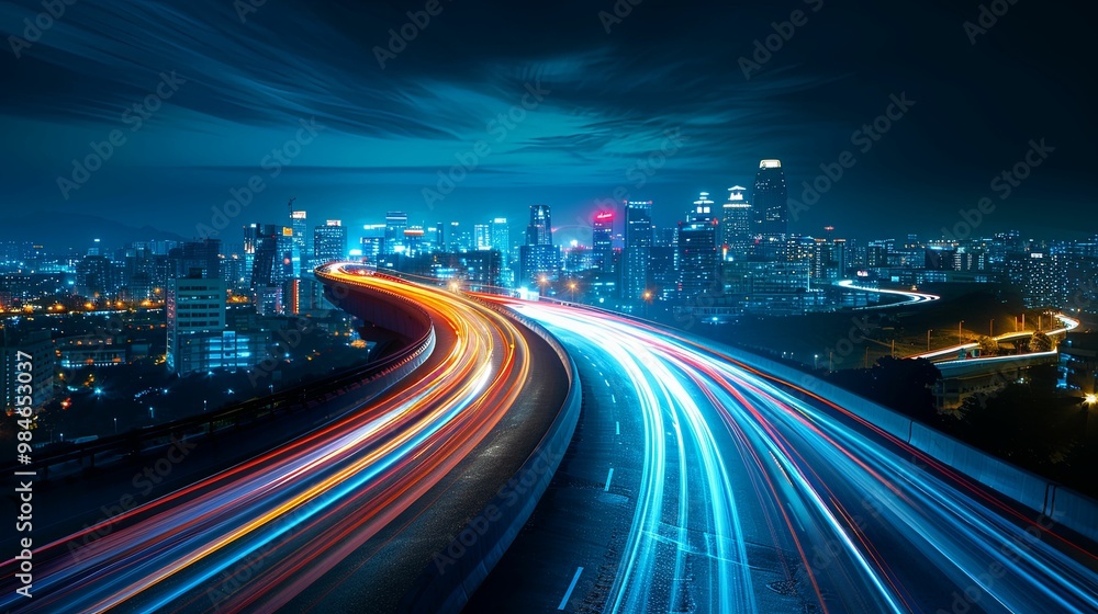 Nighttime Cityscape with Highway Traffic Light Trails Nighttime Cityscape with Highway Traffic Light Trails