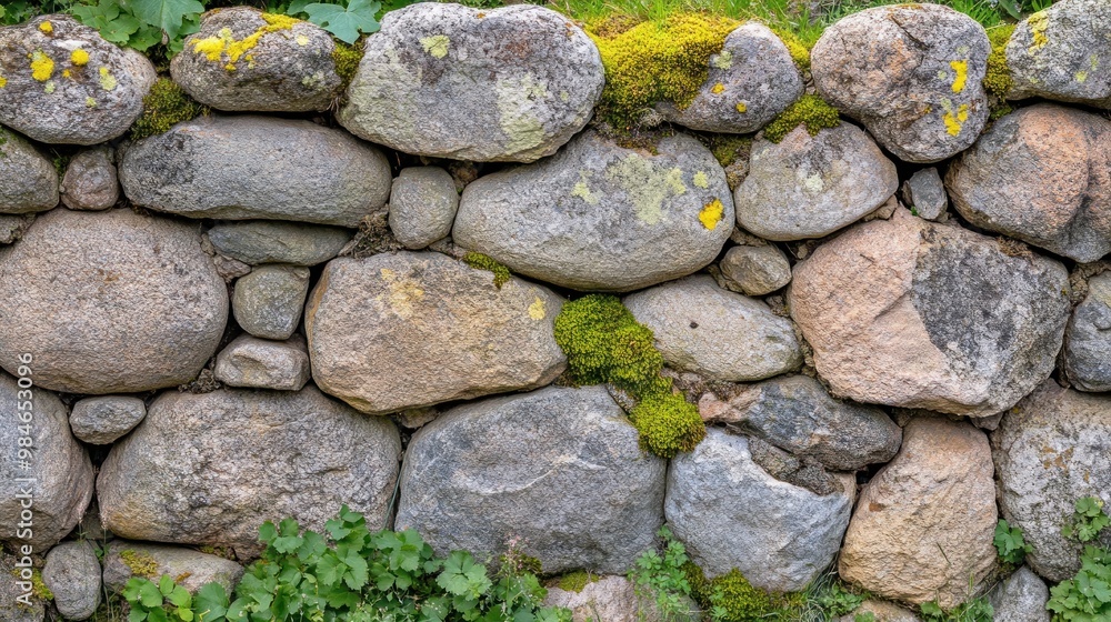 A rustic stone wall covered with moss and lichen, blending with the natural surroundings. A rustic stone wall covered with moss and lichen, blending with the natural surroundings.