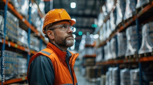 The factory manager stands in the middle of a large warehouse to check the stock of goods before dispatching.