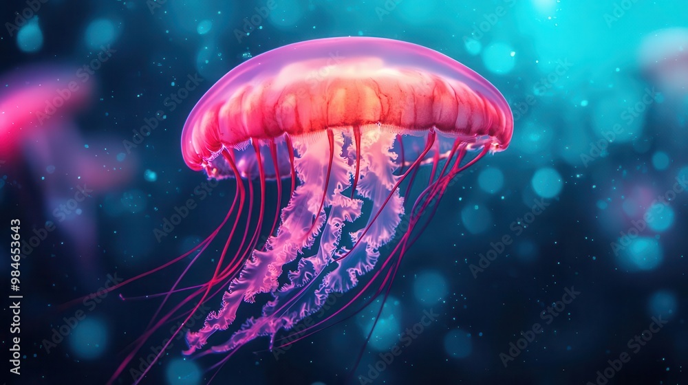 Naklejka premium Ethereal jellyfish floating in a cosmic nebula, merging marine life with space exploration