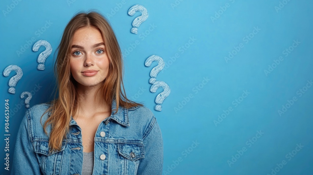 A curious young woman ponders her thoughts while surrounded by floating question marks A curious young woman ponders her thoughts while surrounded by floating question marks