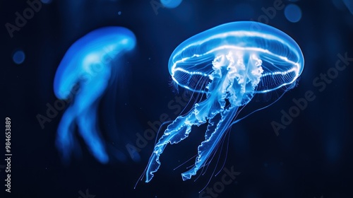 Two glowing jellyfish swimming in dark blue waters, showcasing bioluminescence.