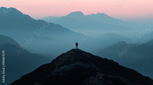 A lone figure stands atop a mountain peak, surrounded by misty, layered mountains at dawn.