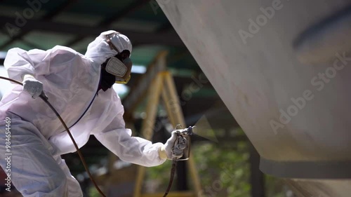 a painter worker painting the hull of a seagoing vessel using a spray gun in a dry dock and dressed in white safety trousers and gas masks