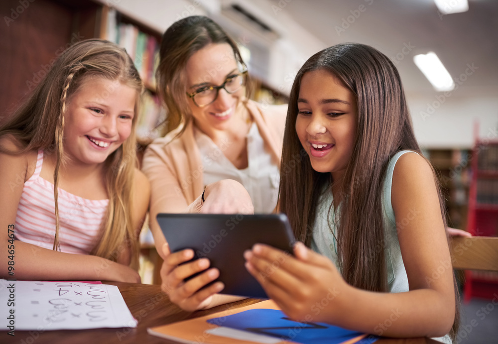 Teacher, children and online with tablet for education, elearning and math game for numbers solving skill. School, educator and students in elementary for knowledge, multiplication and studying app