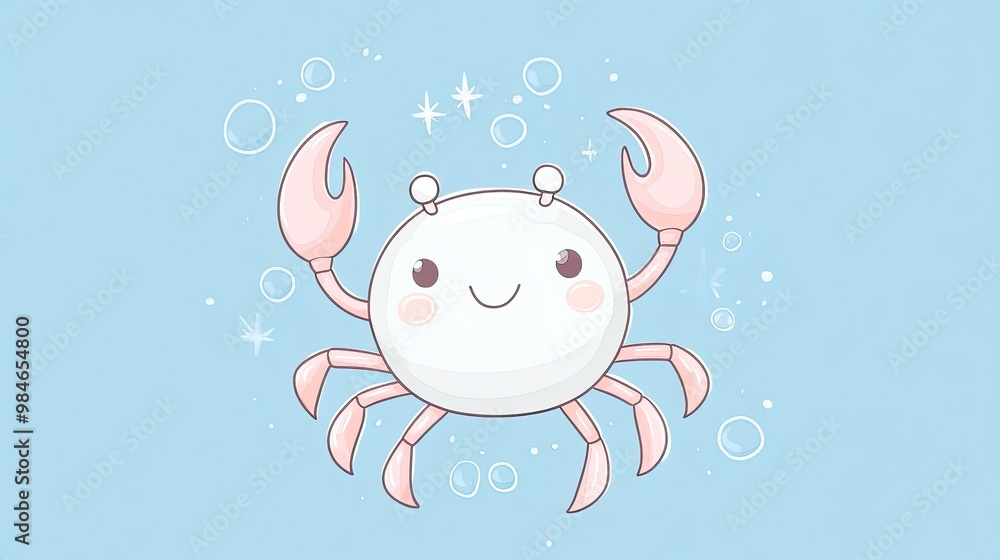 Cute cartoon crab with pink claws enjoying time underwater surrounded by sparkling bubbles and calming blue background Cute cartoon crab with pink claws enjoying time underwater surrounded by sparkling bubbles and calming blue background