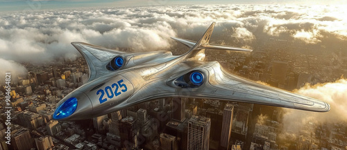 Futuristic Aircraft 2025: A sleek, silver aircraft, emblazoned with 